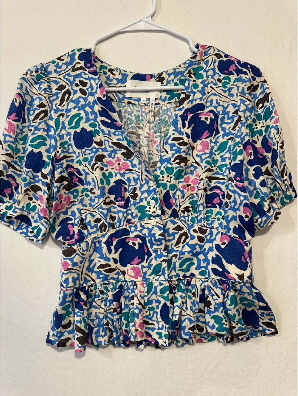 ba&sh Paris Floral Print Peplum Crop Top Blue Pink Teal Size XS 100% Viscose